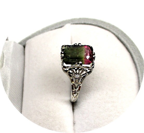 Pretty TOURMALINE Ring, Natural Bi-Color, Red Green – 14k White Gold Filigree