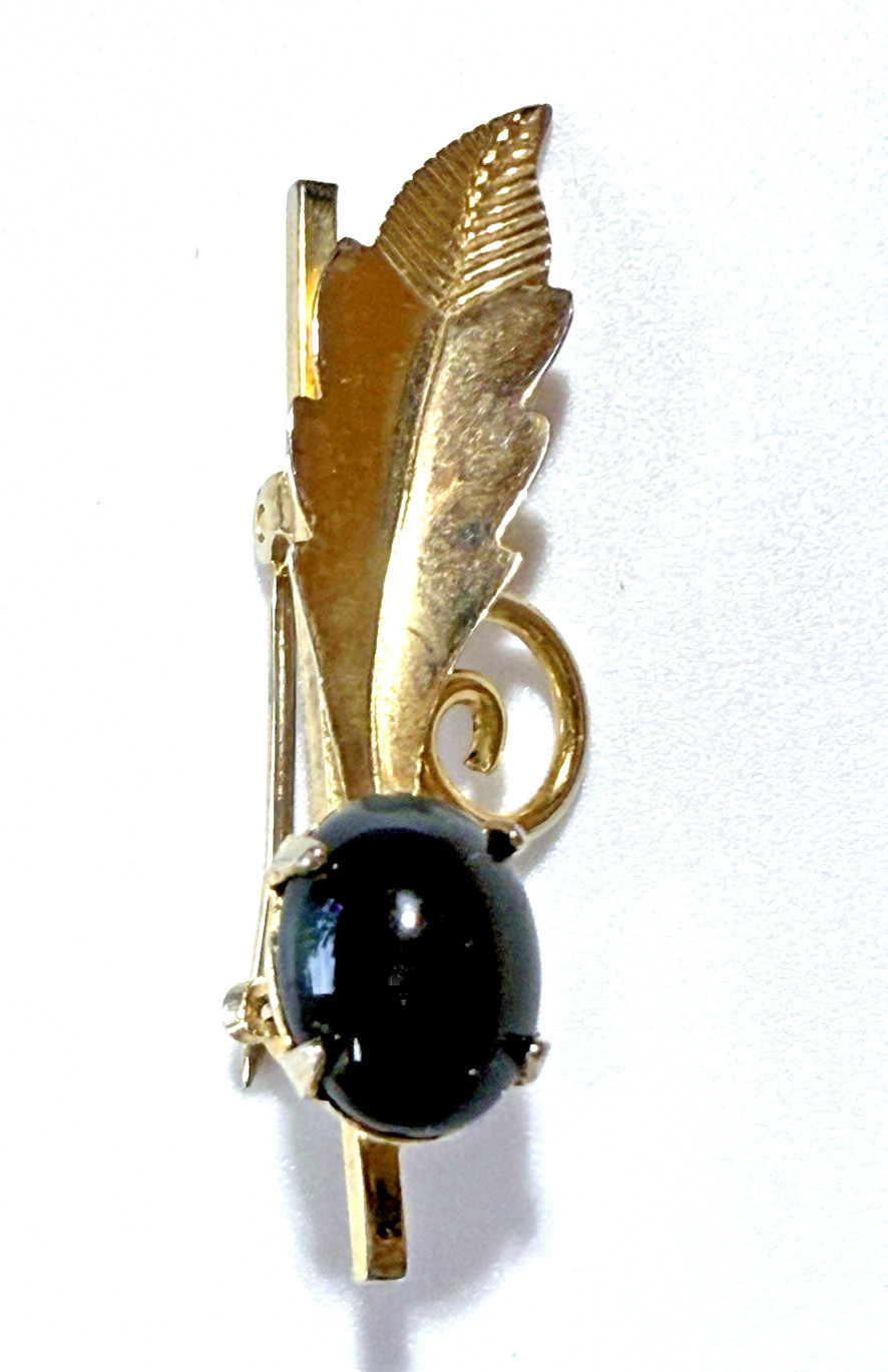 Vintage 12KT Gold Filled Signed LUND Leaf Brooch w Black Cabochon | Mid Century