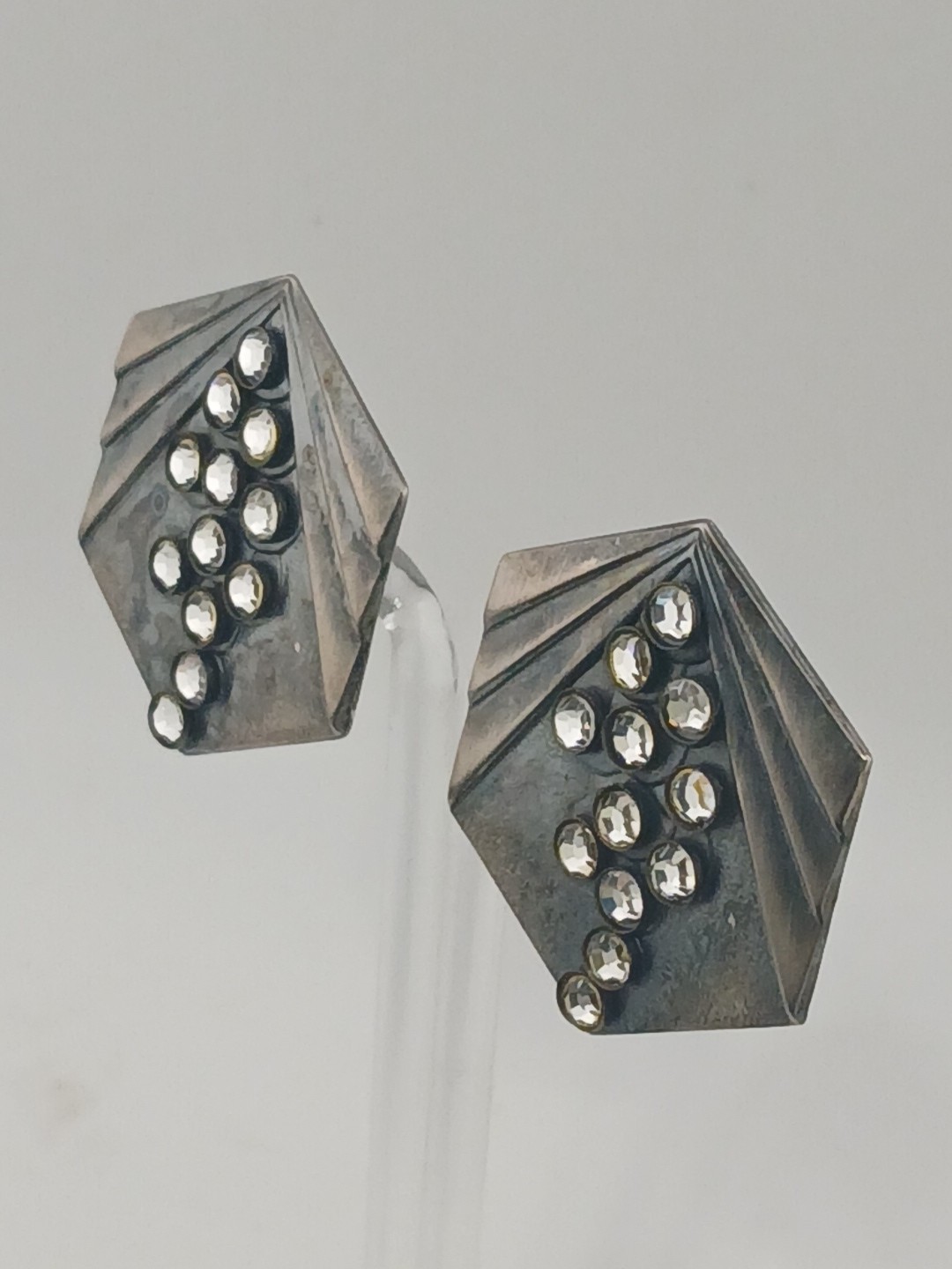 UNIQUE Gunmetal Clear Crystals MODERNIST pointed hexagon Clip-on Earrings