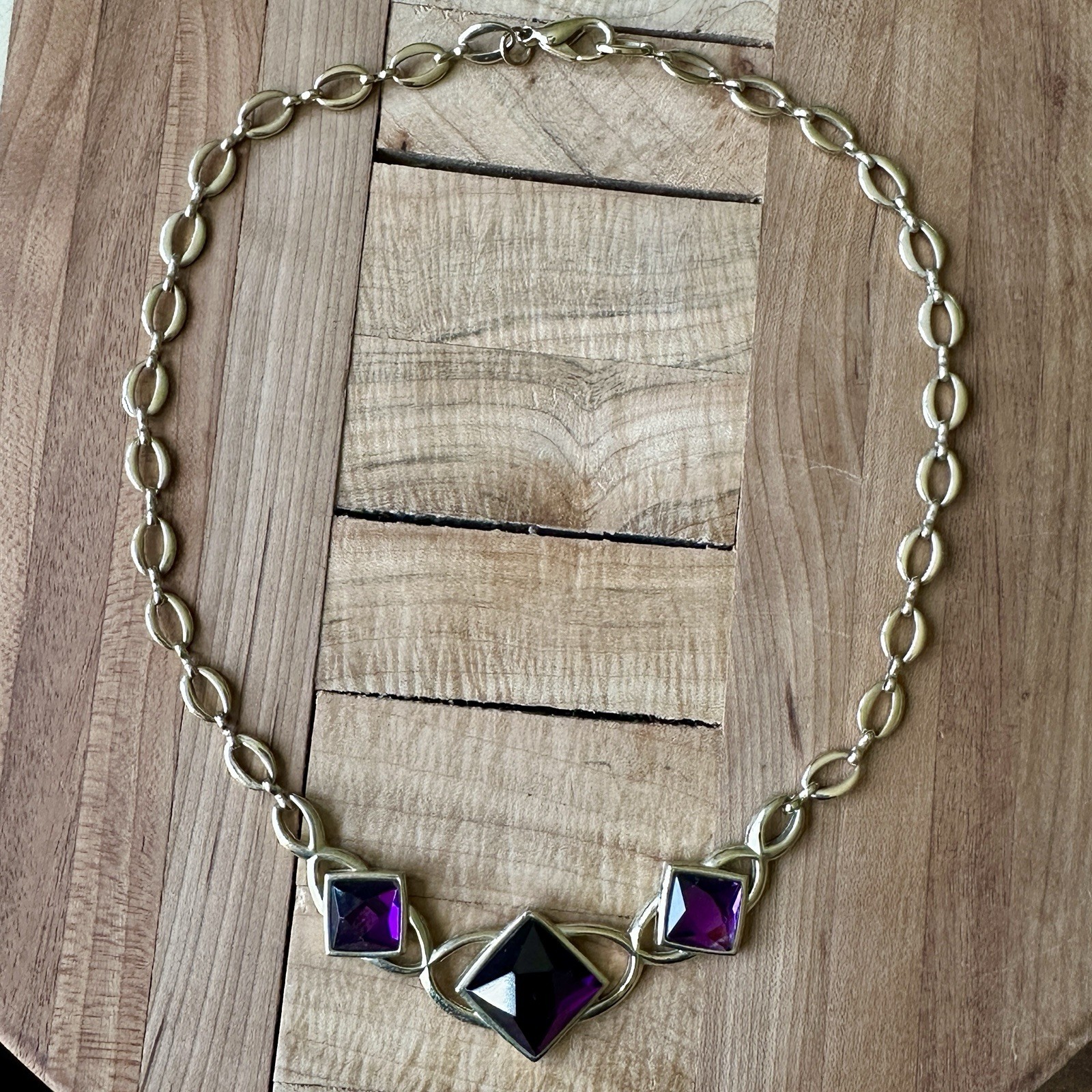 VTG Park Lane Accent Necklace 18 Inch Purple Square Facet Glass Bib Gold Signed
