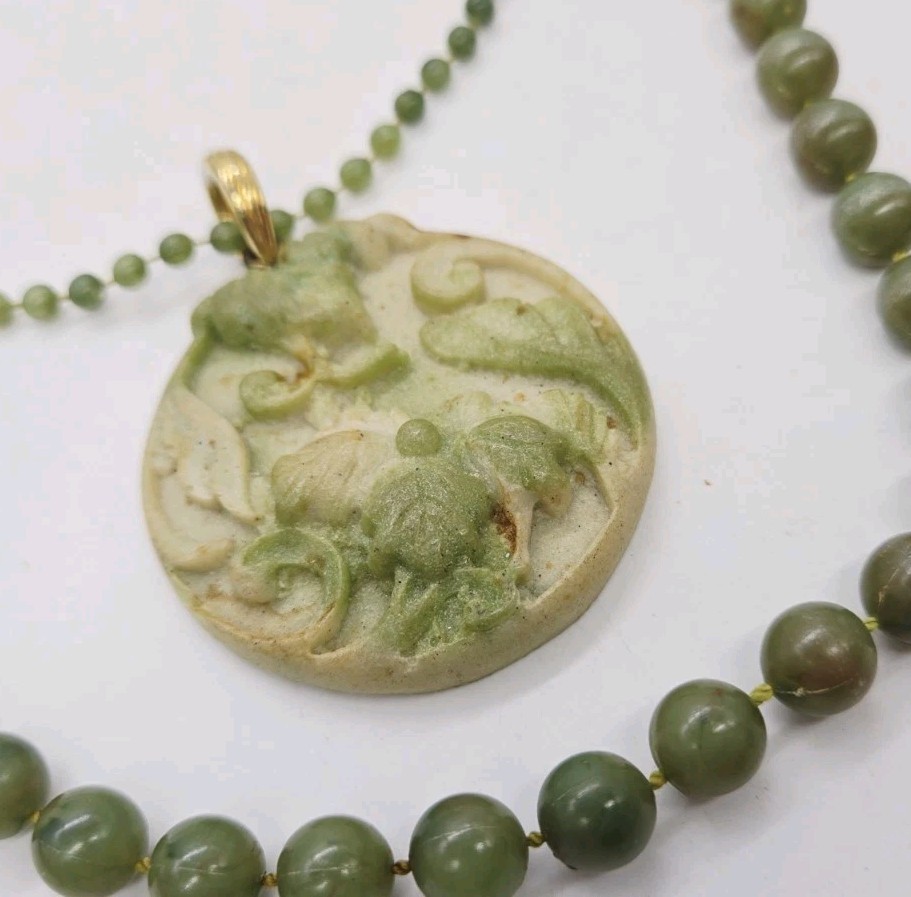 Chinese Jade Green Hand Carved Pendant Statement Necklace Layered two Row 25 in
