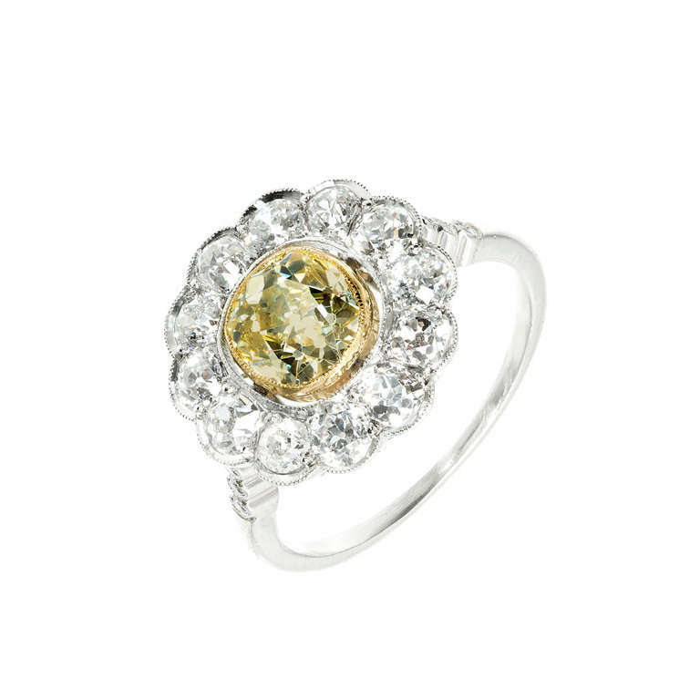 Victorian 1900 1.39ct Natural Fancy Light Yellow Old Mine Diamond Platinum Ring