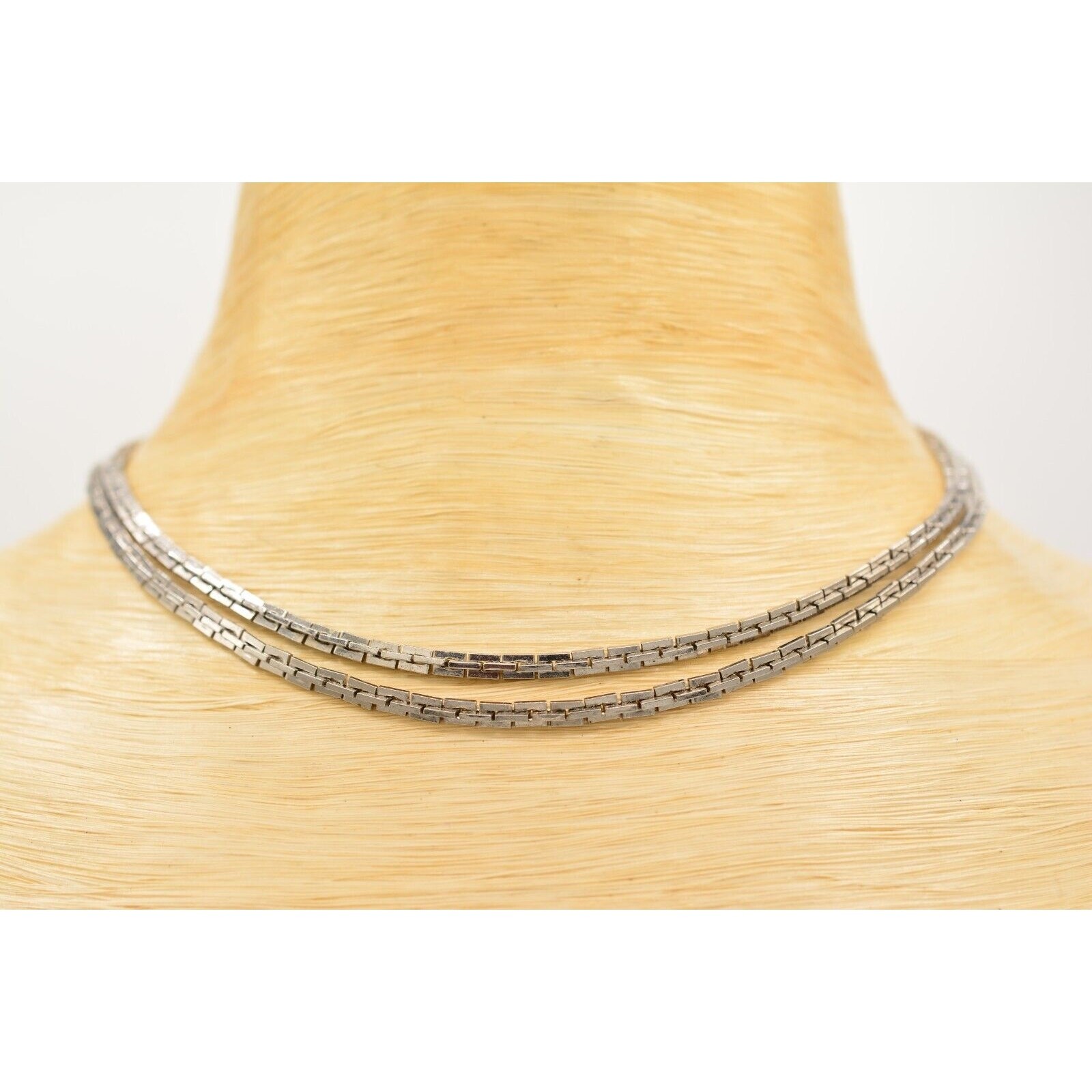 Vintage Chain Necklace Collar Boxed Double Layered Silver Tone Shiny 1980s 9J