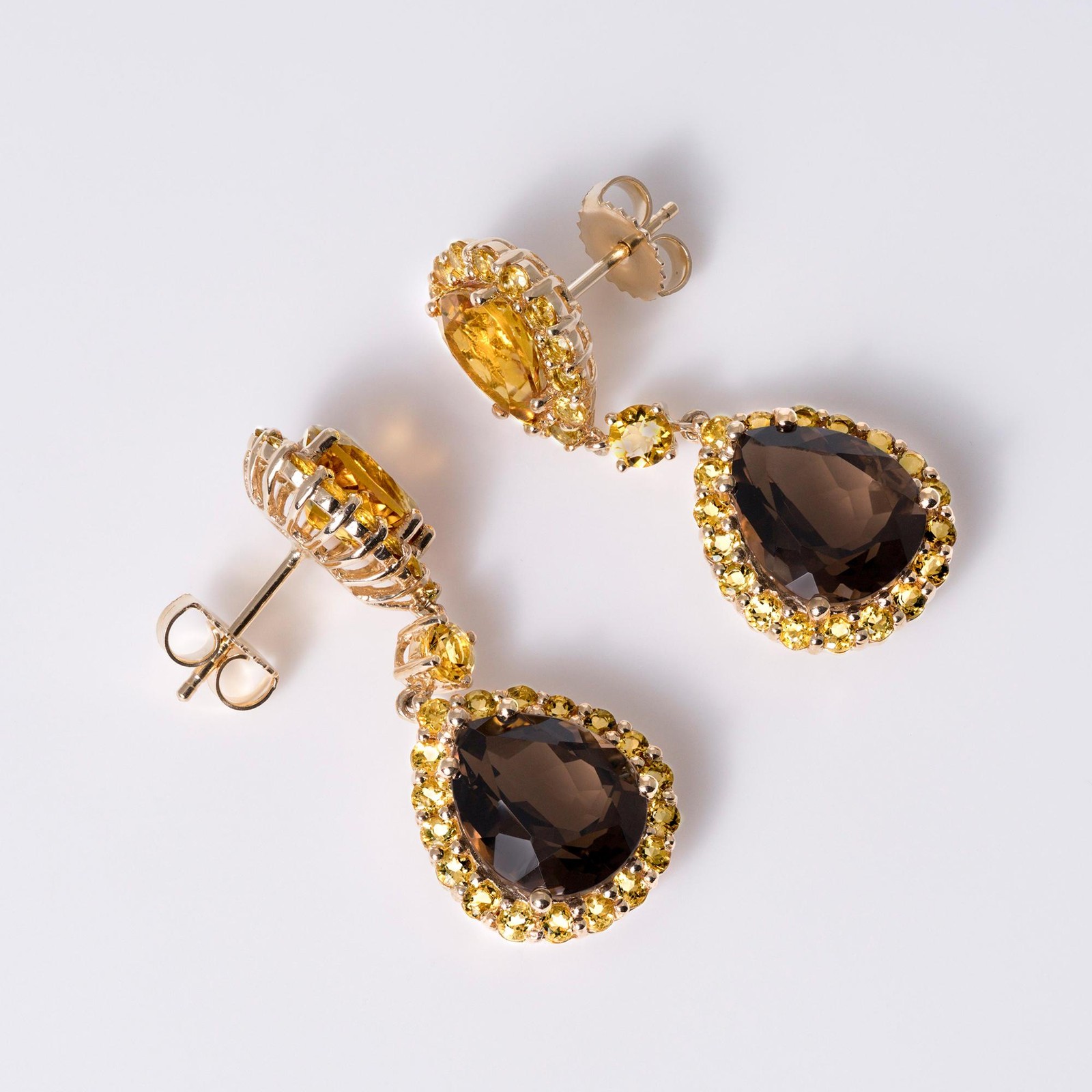 Vintage Mid Century Smoky Quartz & Citrine Double Drop Estate Earrings