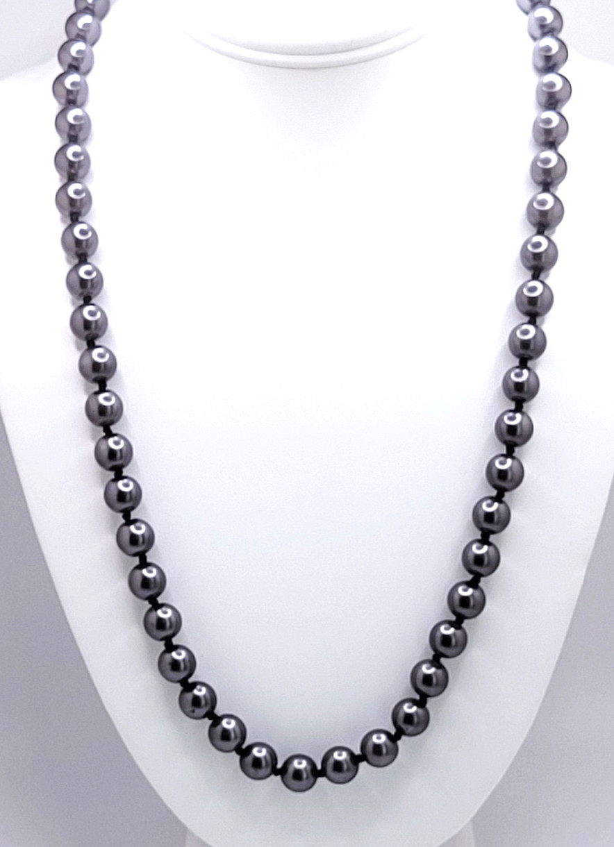Vintage 10mm Dark Grey Faux Pearl Necklace Fish hook Knotted Glass Bead Signed D