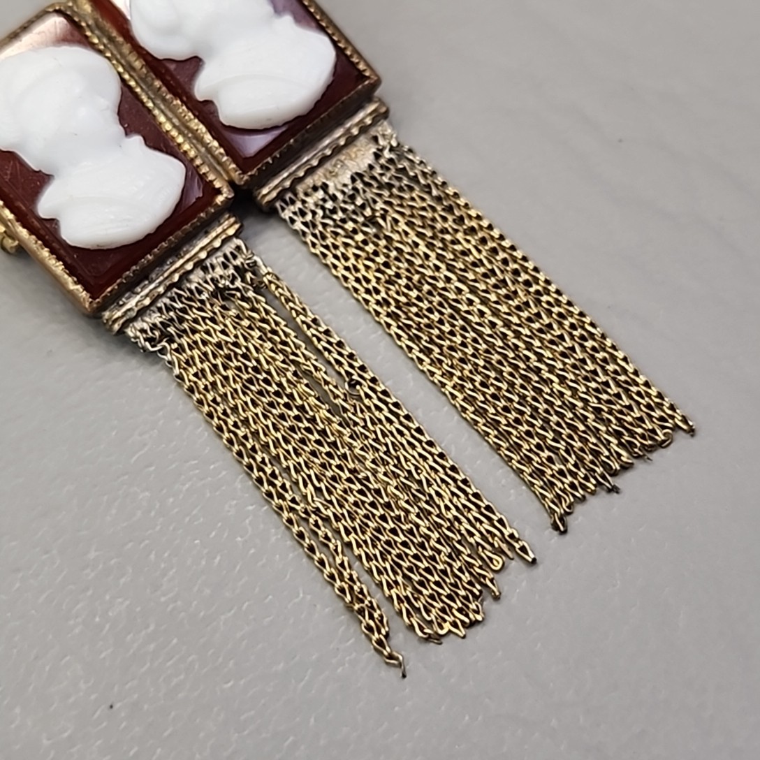 Antique Double Cameo Glass Brooch Red White Face Tassels Gold Filled Unique 2″