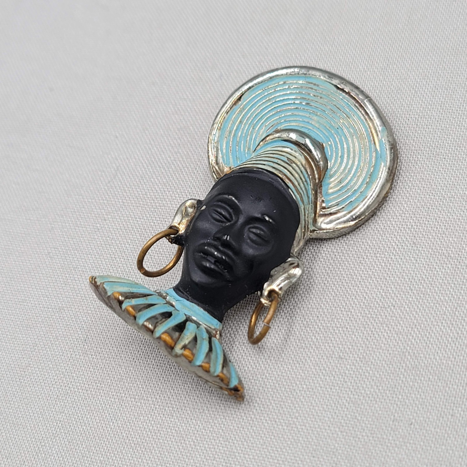 Vintage Blackamoor Brooch Art Deco African Princess Earrings Blue Enamel 2″