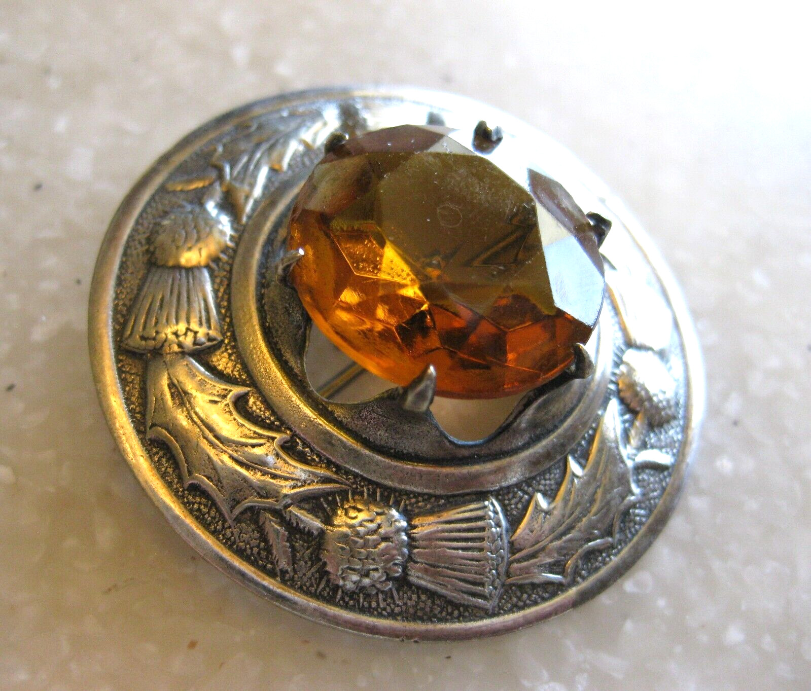 Antique Celtic Scottish Thistle Kilt Pin Brooch Citrine / Made in Great Britain