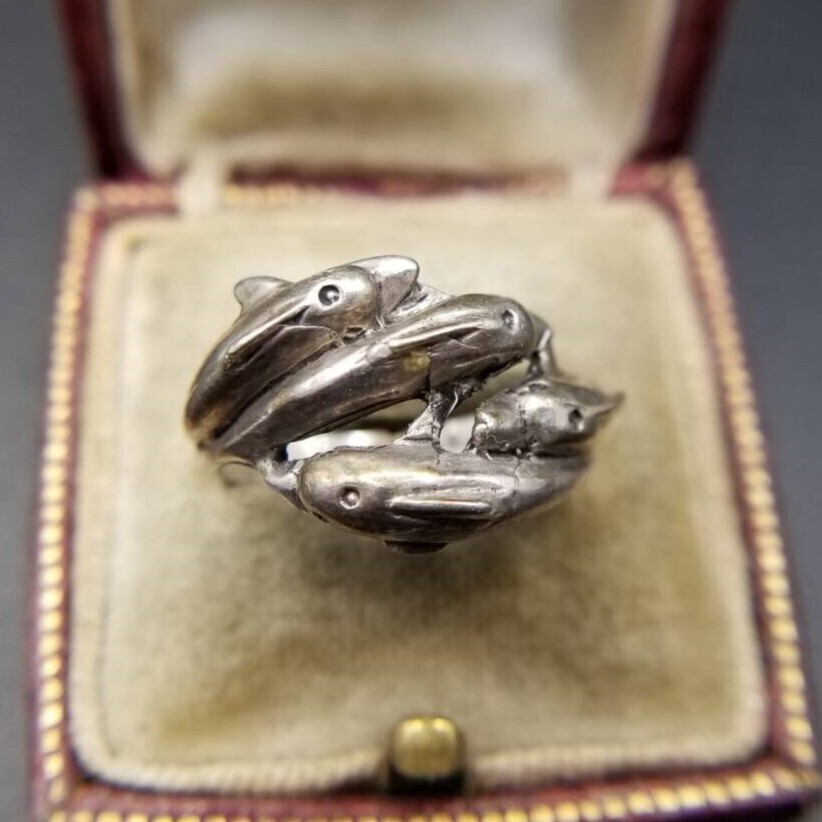 Large School of Dolphins Sea Creatures Retro 925 Silver Vintage Ring Silvercraft