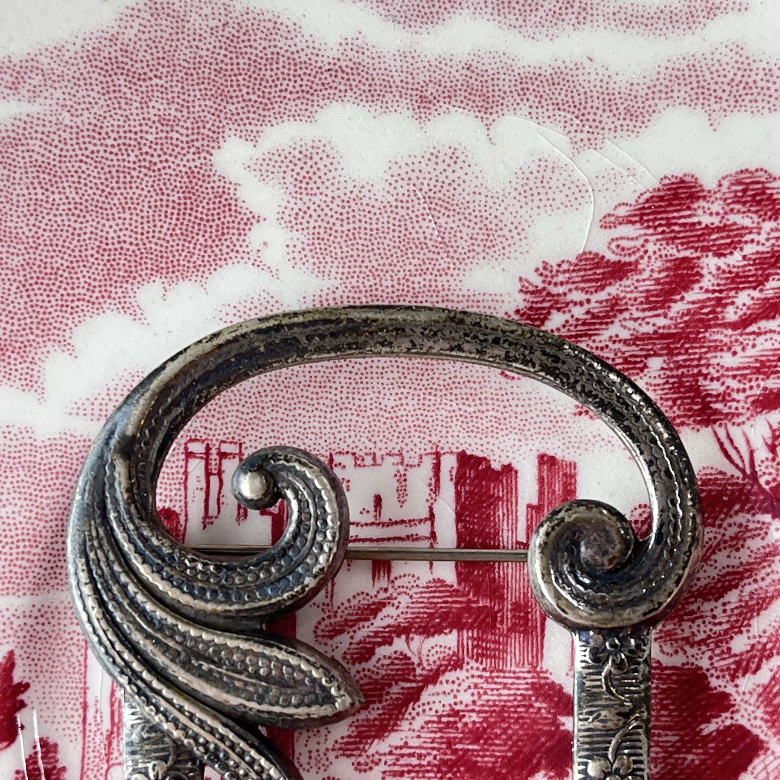 Antique Silver Plated Brooch – Art Nouveau Era – Floral Scroll Engraved Design