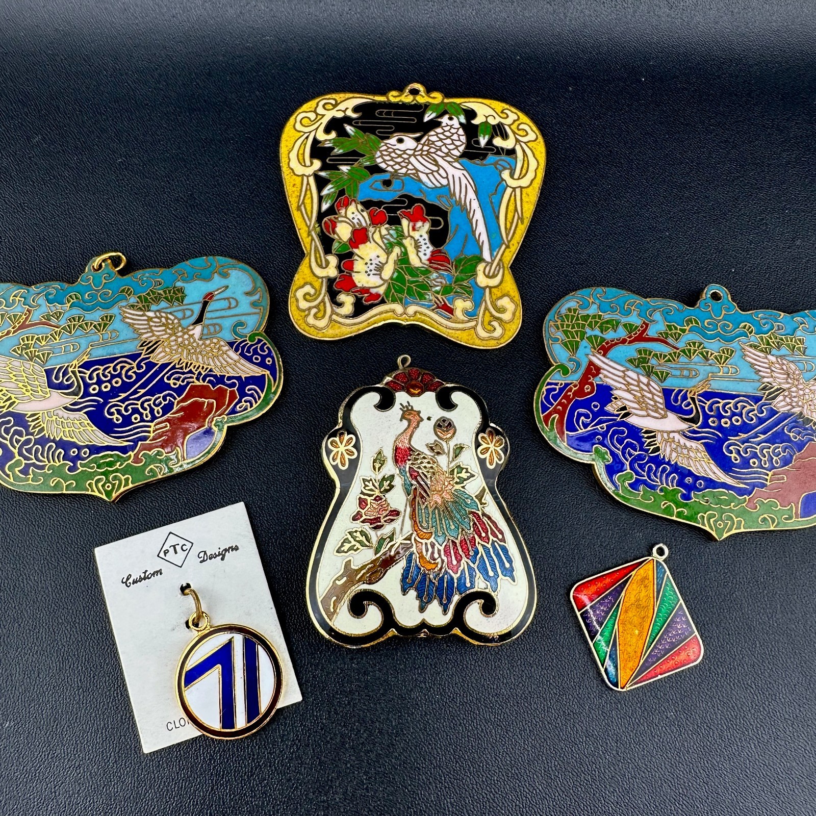 Vintage Cloisonne Enamel Pendant Lot LG Heavy Medallions Puffy Peacock WWII 71st