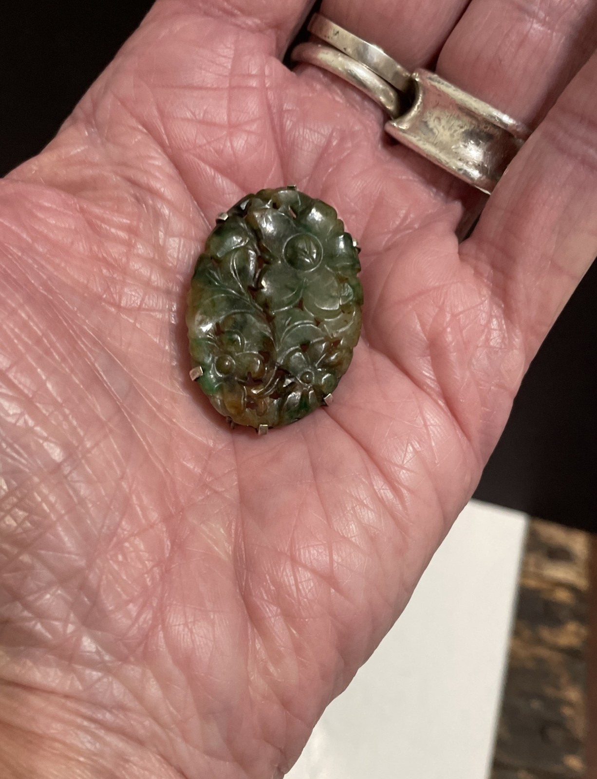 Vintage Floral Carved Green & Brown Jade Jadeite Sterling Silver Brooch Pin