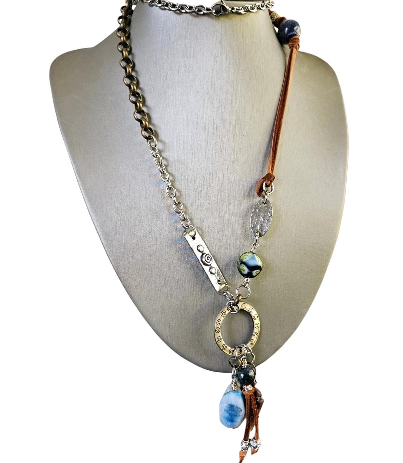 Silver Boho Pendant Necklace Cord Mixed Metals Beaded Arrow Head Stone Charms