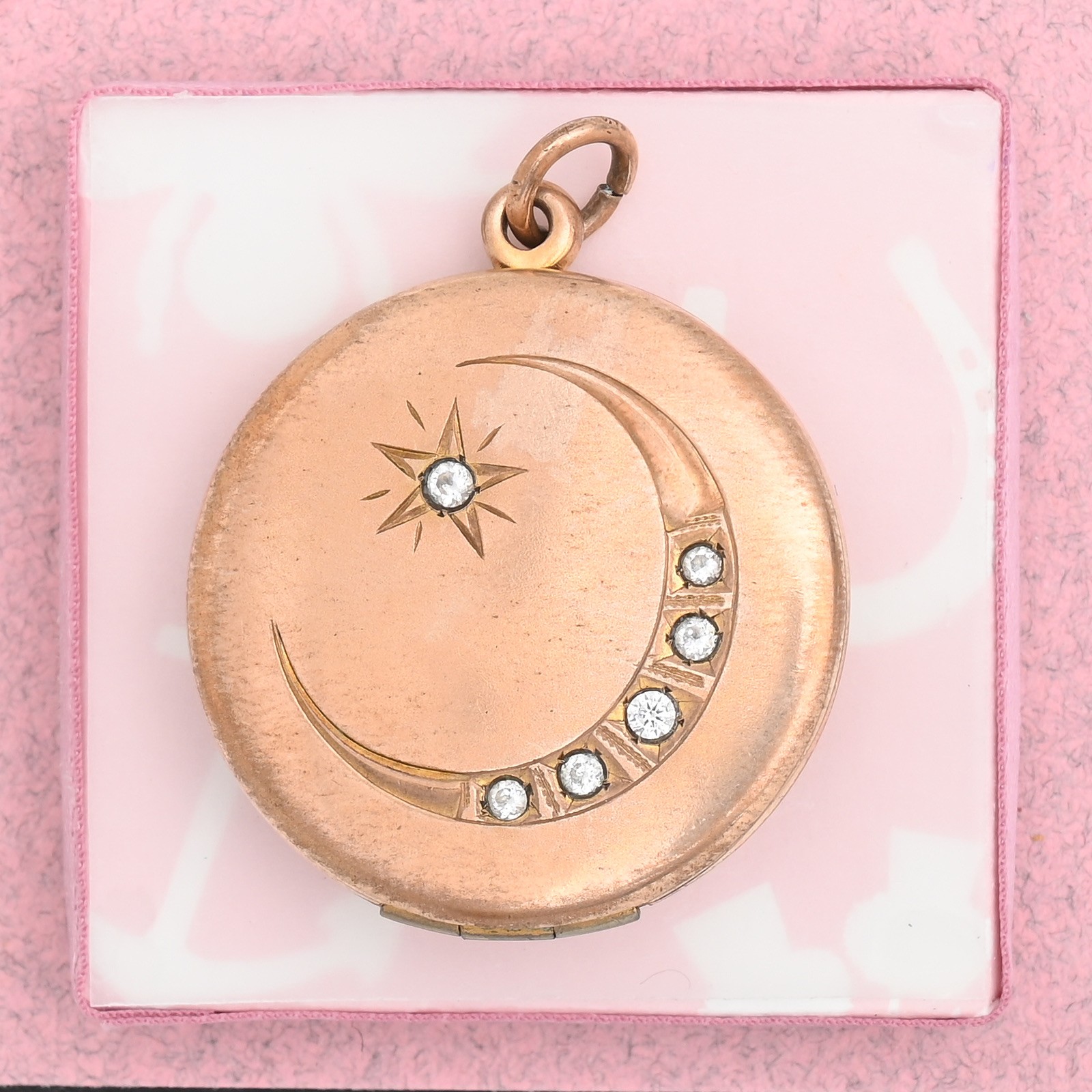 Antique Victorian Crescent Moon Star Rose Gold Filled Paste Pendant Locket