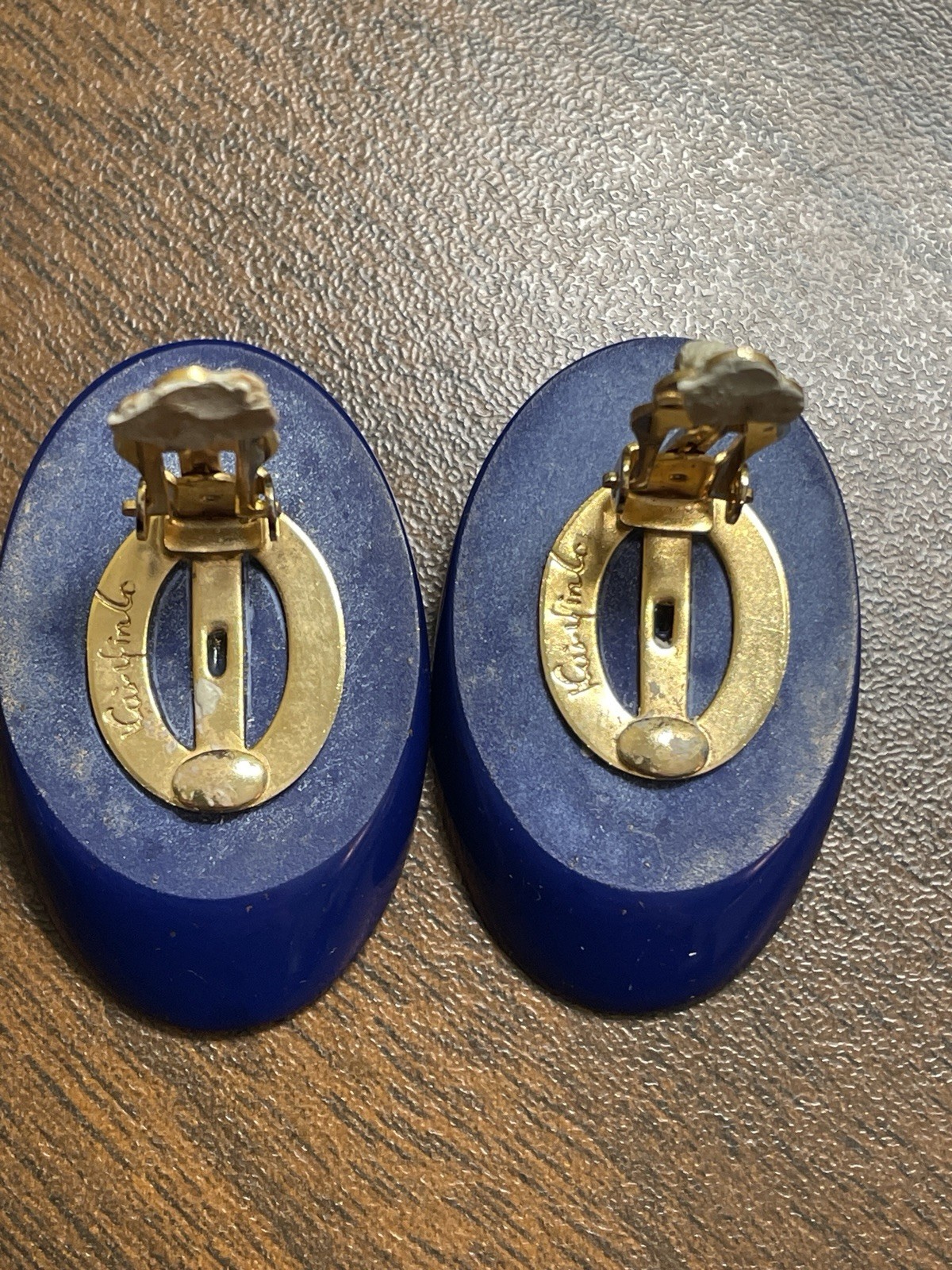 Kai-Yin Lo Signed Earrings Modernist Lapis Blue Clip-on 1.5″ Hong Kong Designer