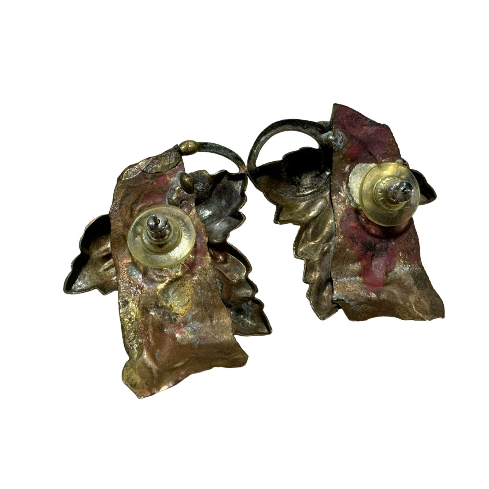 Vintage Large Handcrafted Copper & Brass Artsy Leaf Pierced Earrings 1.75 x 1.5″