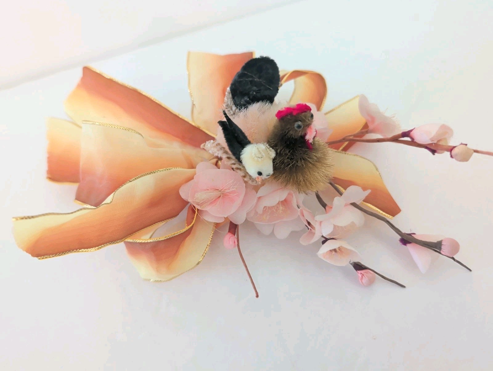 Vtg Easter Corsage Brooch Pin Chicken Hen & Chick Cherry Blossom Chenille Kitsch