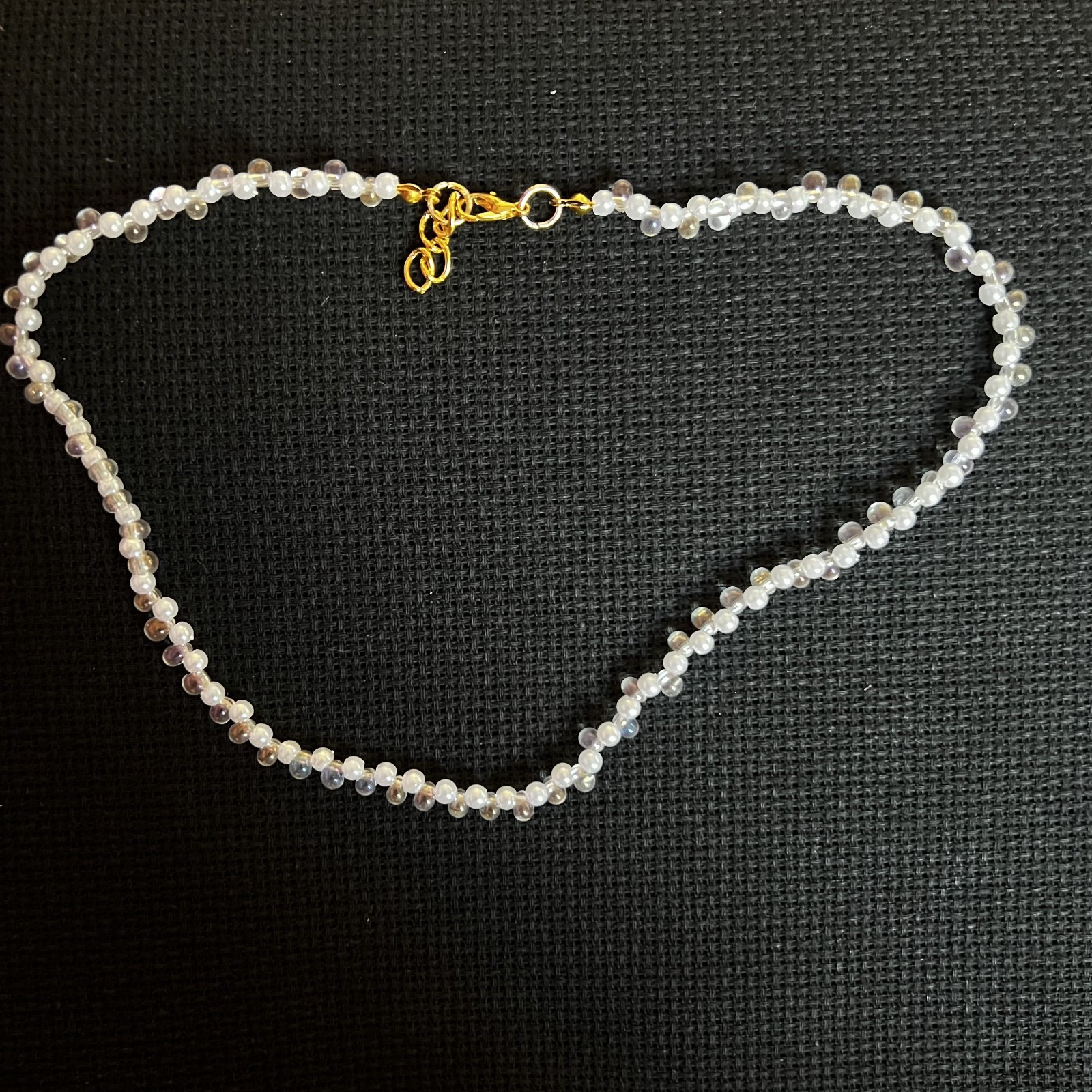 Handmade fauxpearl clear glass deaded necklace gold tone clasp choker strand