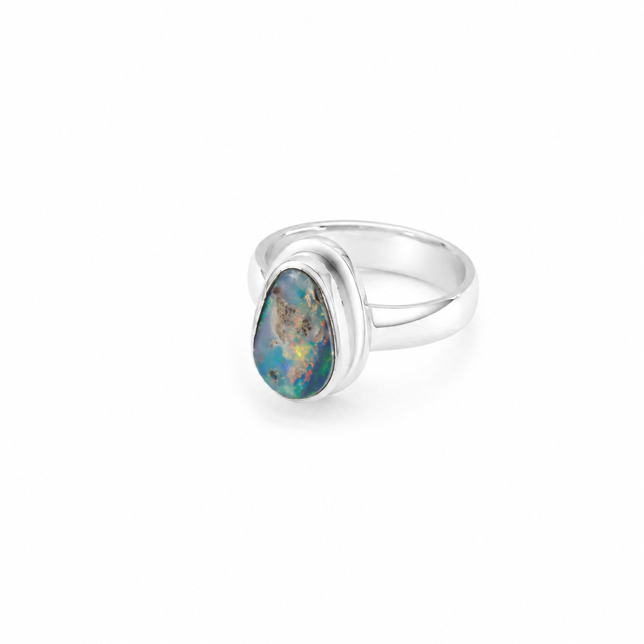 Rare Quality Blue Multicolor Boulder Opal 925 Sterling Silver Freeform Ring #6.2