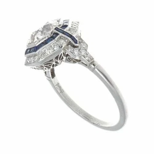 14K Gold FN 3.54CT Art Deco Sapphire Halo Lab Created Diamond Ring Vintage Style