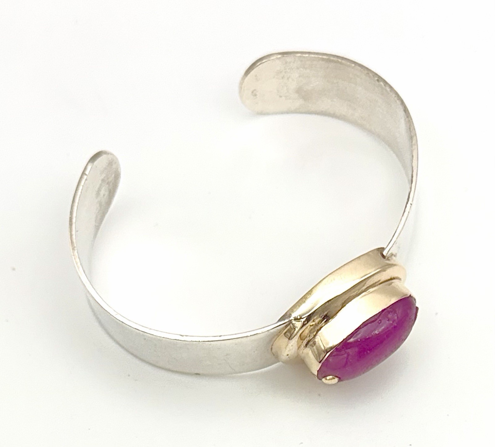Vintage 14K Solid Yellow Gold & Sterling Silver MCM Cuff Bracelet Pink Cabochon