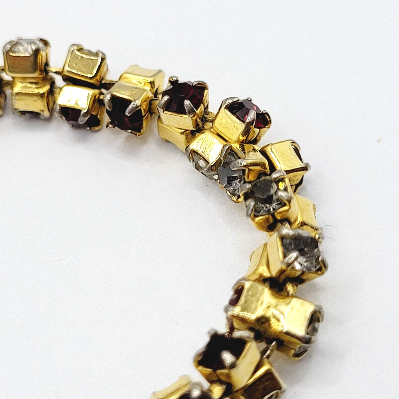 Unique Slightly Brutalist Style Gold Plated Bracelet Red White Rhinestone 7.5 In