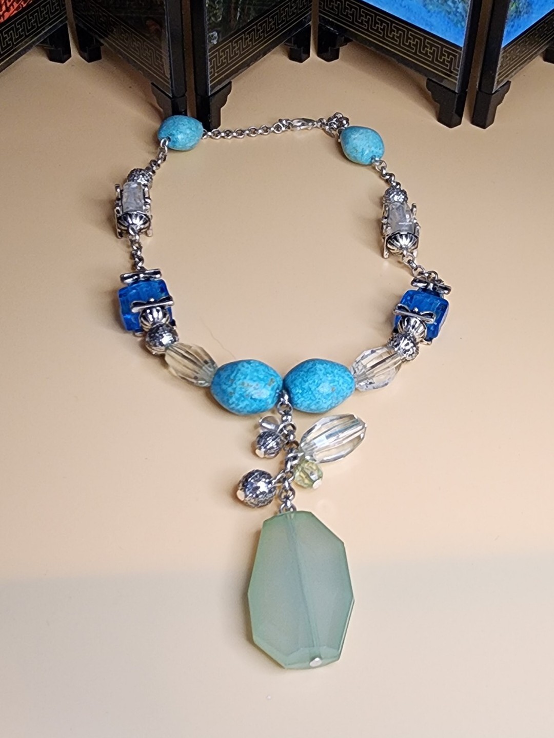 Vintage NINA RICCI Necklace Green Faceted Lucite Blue Glass Pendant 18″Avon