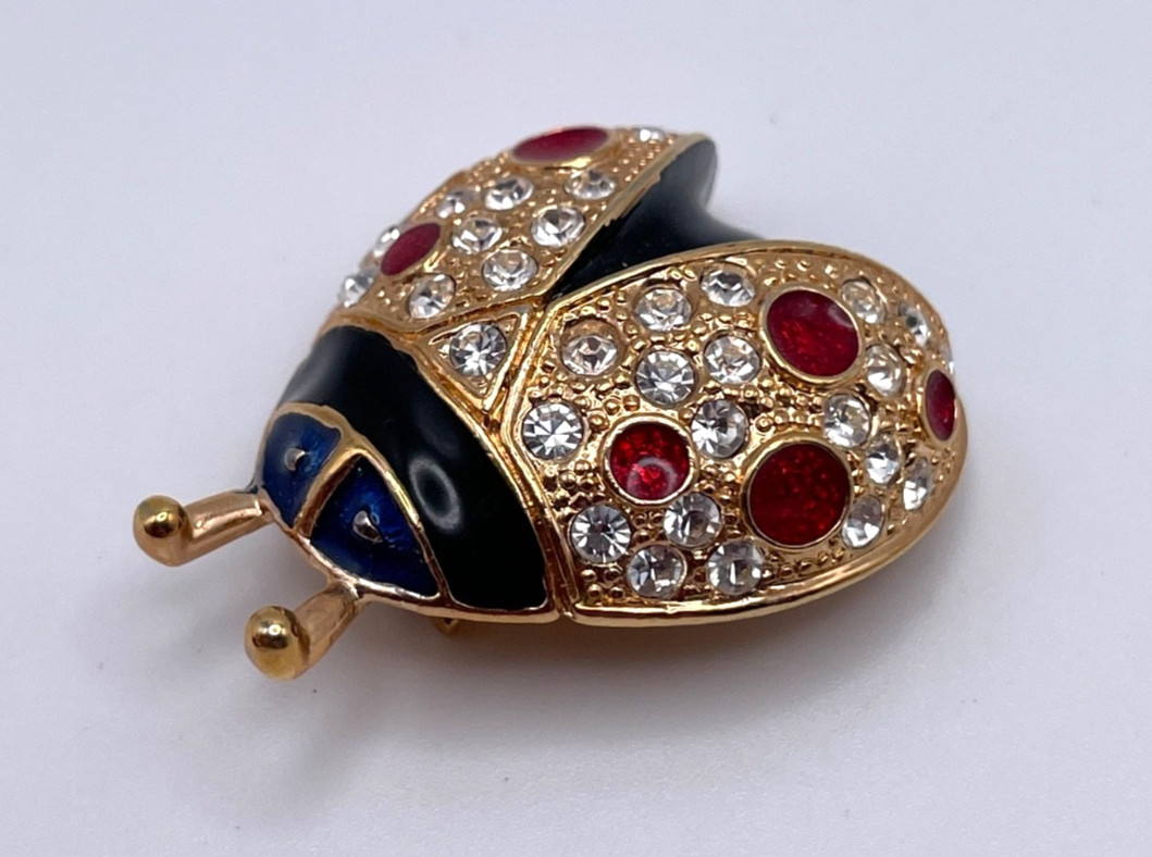 Vintage Roman Signed Gold Tone Ladybug Brooch Pin Red Clear Rhinestones Enamel