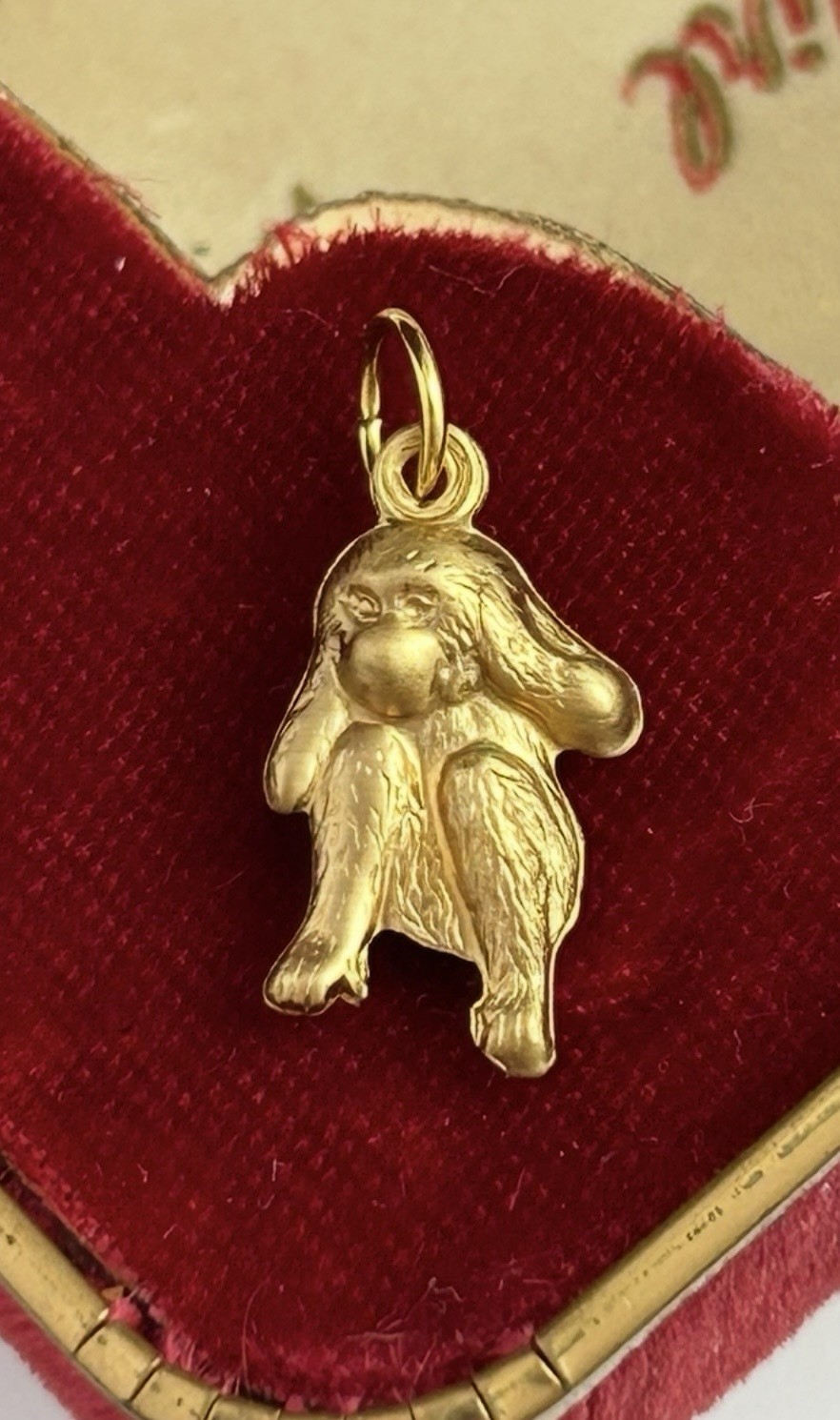 Vintage Charm Hear No Evil Monkey Necklace Pendant Puffy Brass Metal Jewelry
