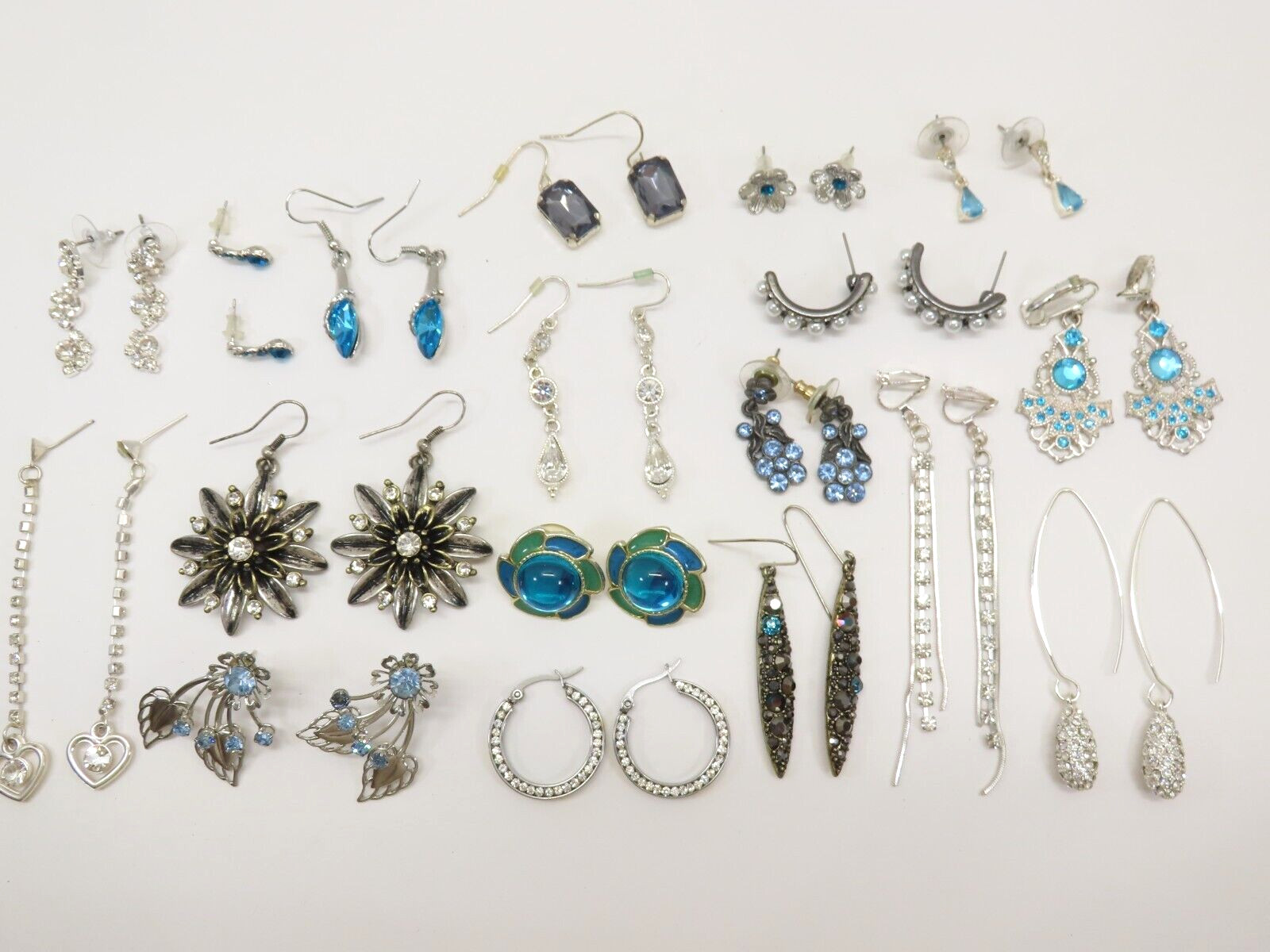 VTG Dangle Earrings Lot Pierced 1 Clip Silver Tone Blue Clear Rhinestones D2115