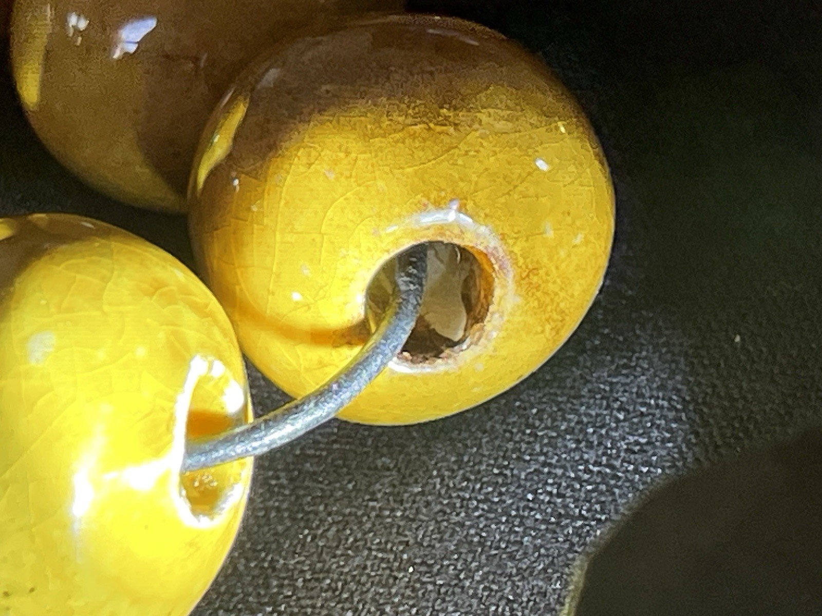 Variegated Honey Colored Egg Yolk Large Bead Tasseled Necklace Brass Spacers EXC
