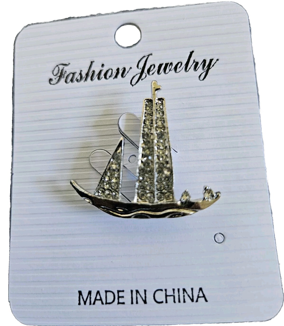 Vtg Silvery Color Alloy Metal Sail Boat Brooch Clear Round Crystals Pin Nautical