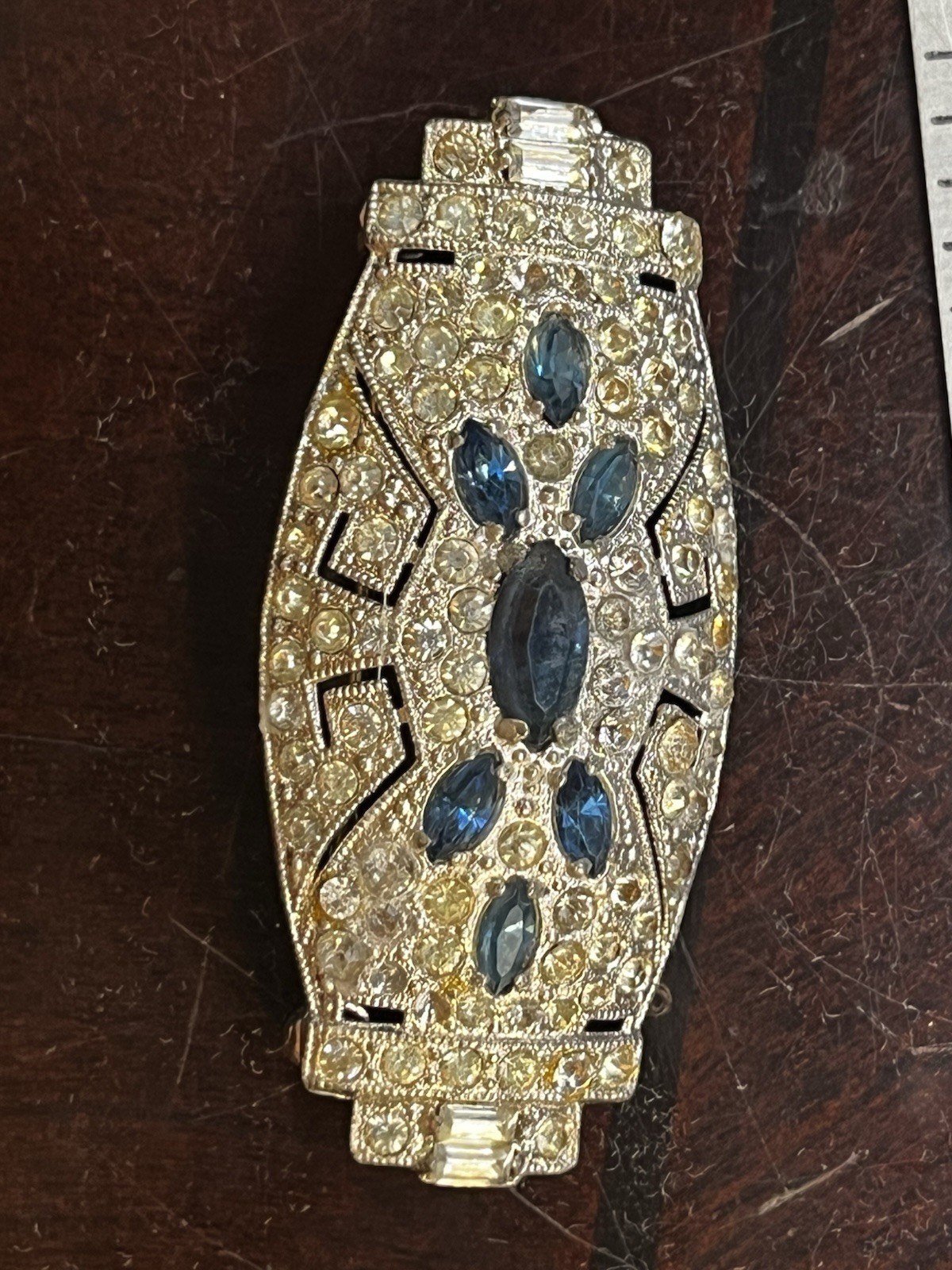 Art Deco Blue Uranium Glow Clear Paste Brooch w/ Baguette & Pavé Rhinestones 2”