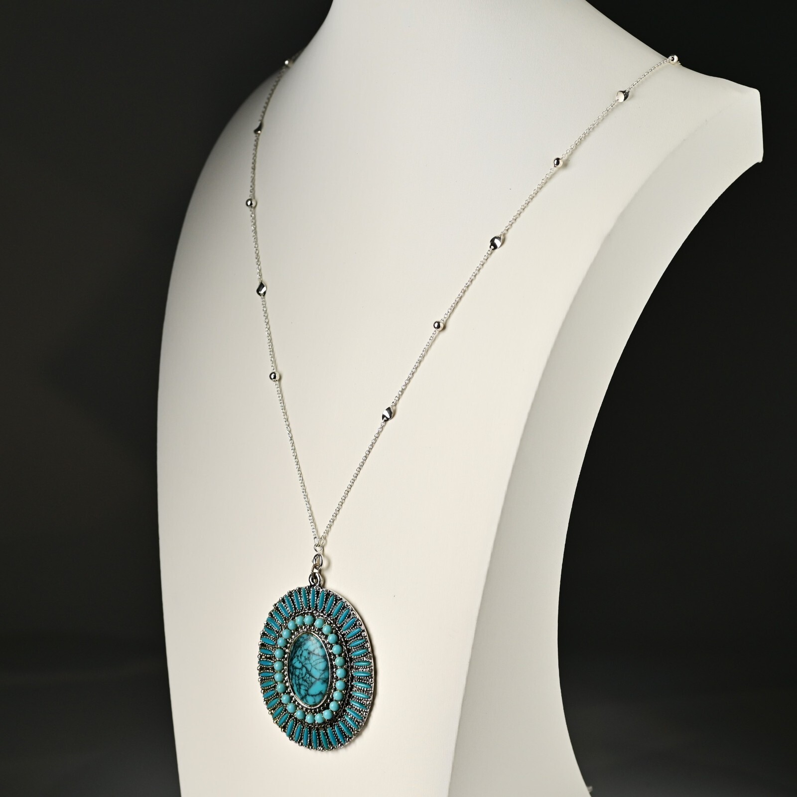 Original Vintage Native Silver Faux Turquoise Gemstone Pendant Estate Necklace