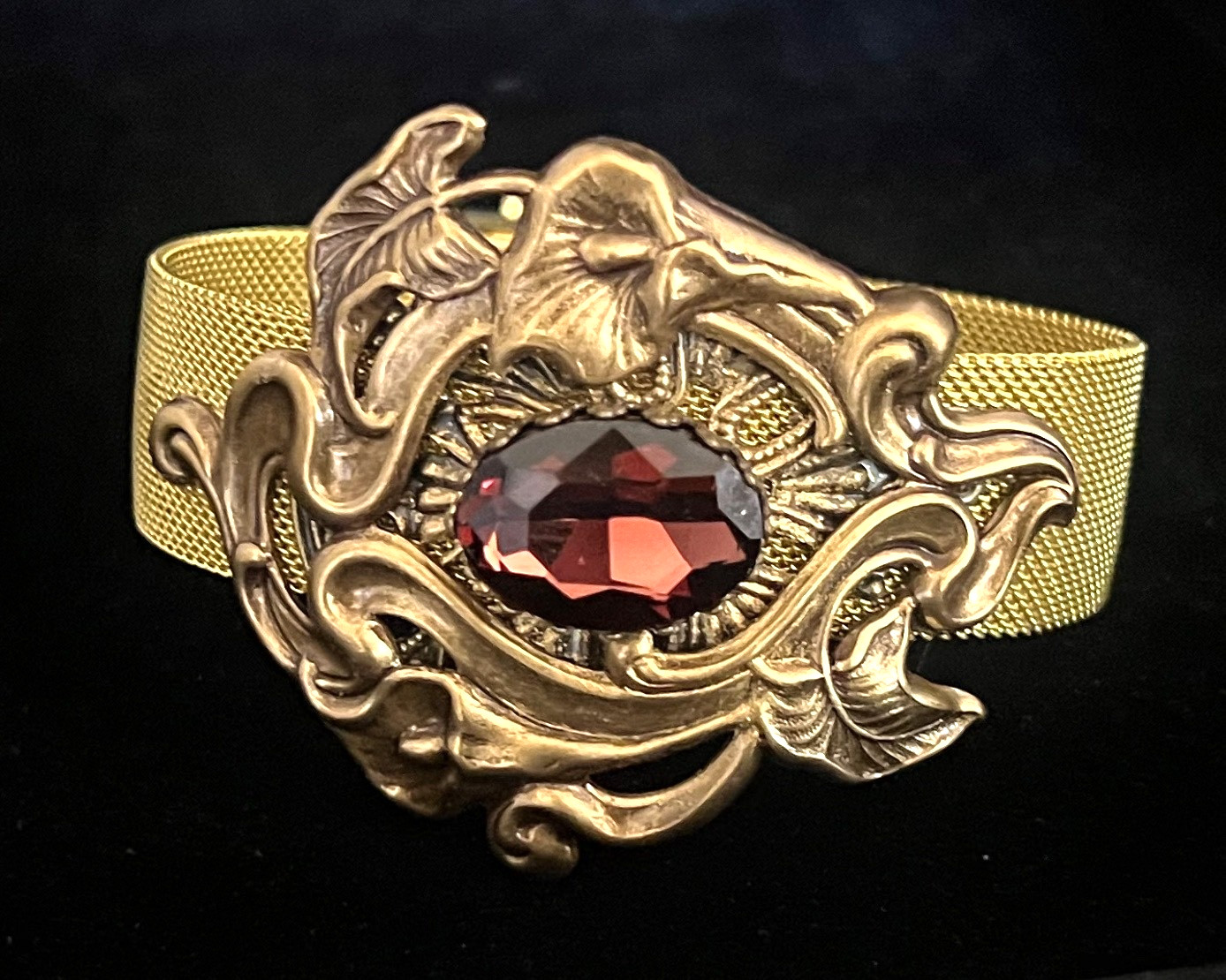 Art Nouveau Flower Bracelet Brass Calla Lily Mesh Cuff Art Nouveau Jewelry