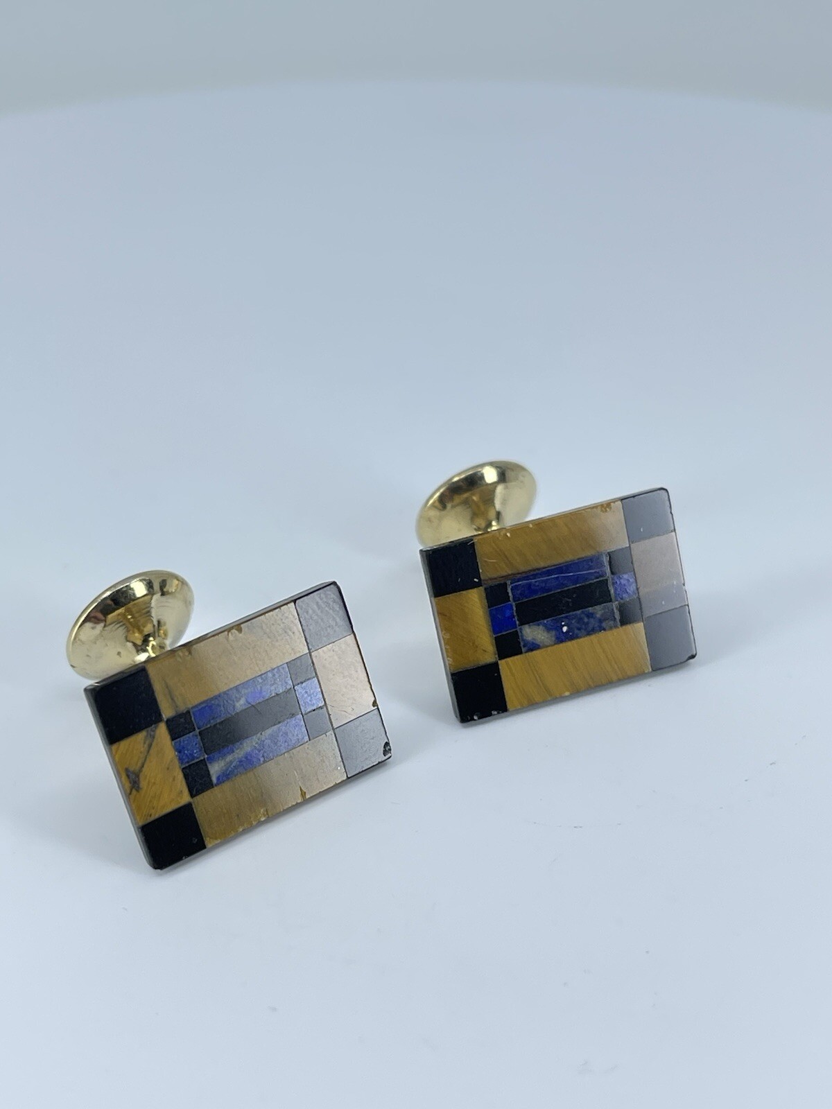 Vintage Onyx Lapis Tigers eye rectangle cufflinks polished gold tone fixed backs