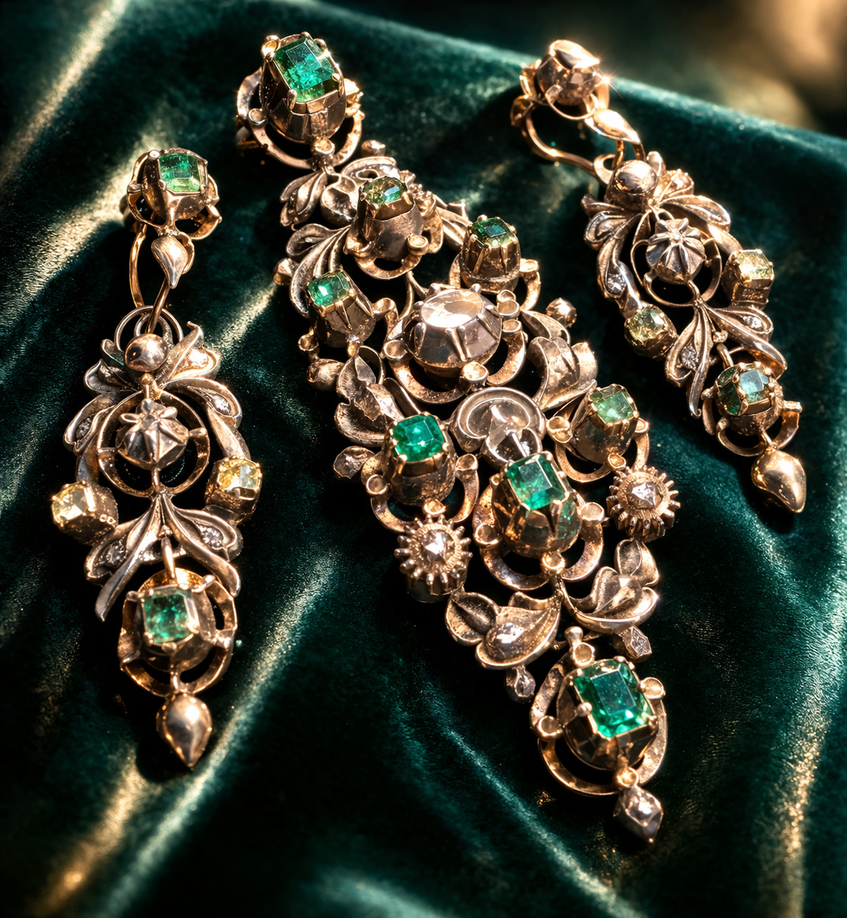 Antique Victorian Gold Parure Set Earrings Pendant Diamonds Emeralds Ca 1850