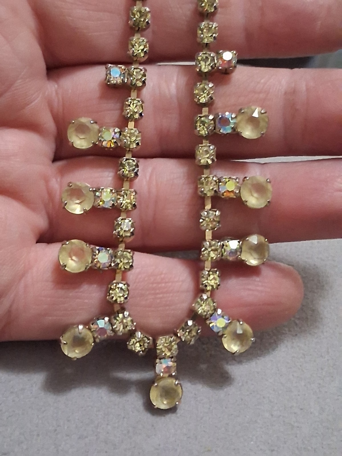 Frosted yellow jonquil crystal, faceted yellow rhinestone necklace w/aurora AB