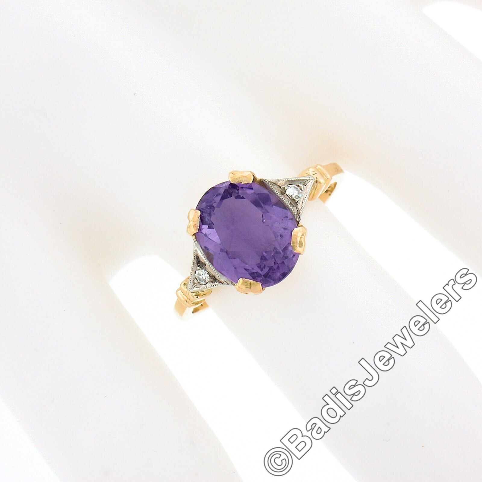 Vintage 14k TT Gold Oval Amethyst Solitaire & Old Cut White Sapphire Accent Ring