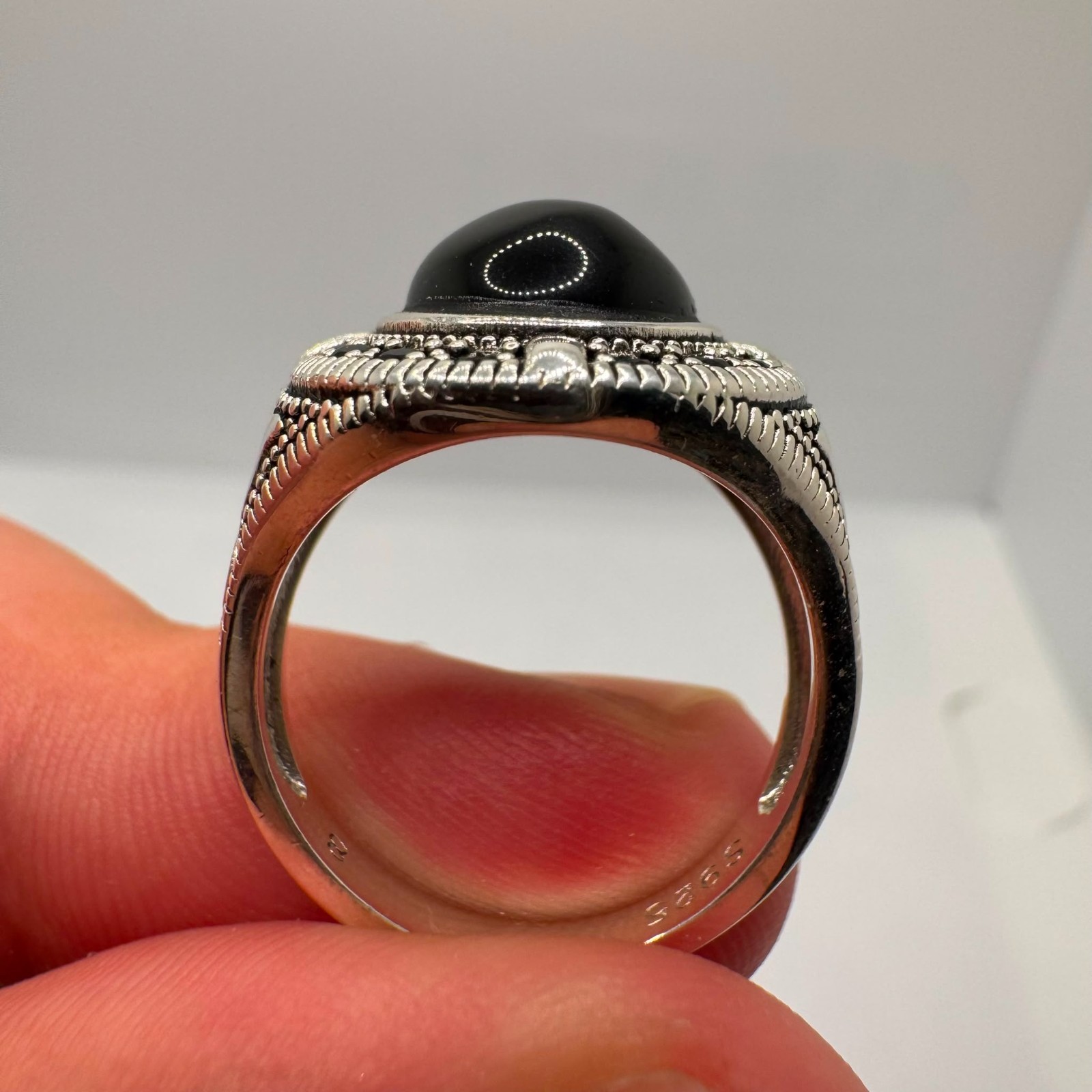 Vintage 925 Sterling Silver Statement Gents Onyx Engraved Signet Time Gothic