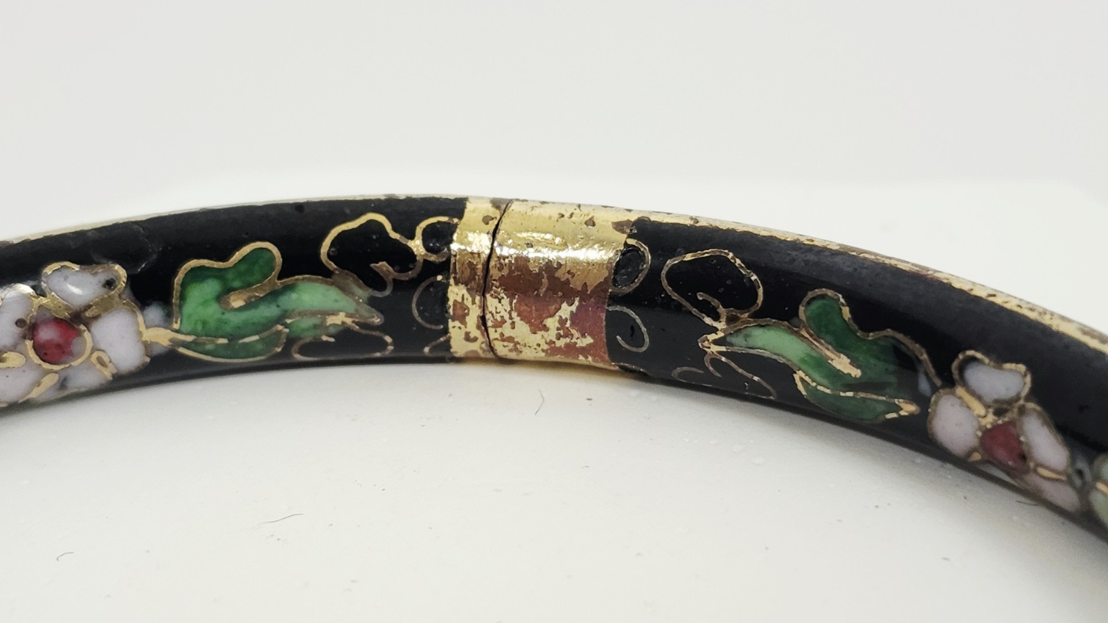 Vintage Chinese Black Cloisonné Enamel Bangle Bracelet Floral Hinged Gilt Brass