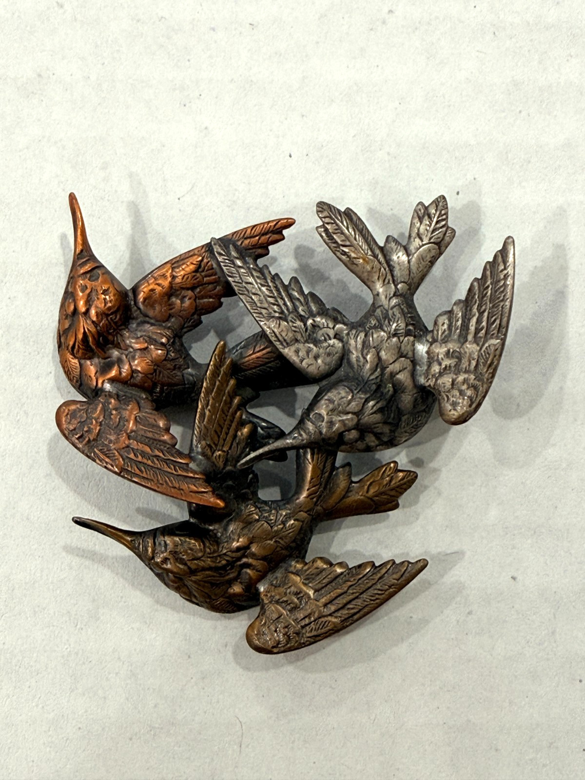Hummingbirds Figural Brooch Pin K+T Multi Tri-Tone Birds in Flight