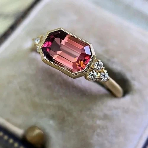 Art Deco Style Lab Created Pink Tourmaline Diamond Engagement Ring 14K Gold FN