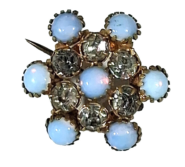 Antique Victorian Gold Wash Opaline Glass Clear Rhinestone Flower Brooch C Clasp