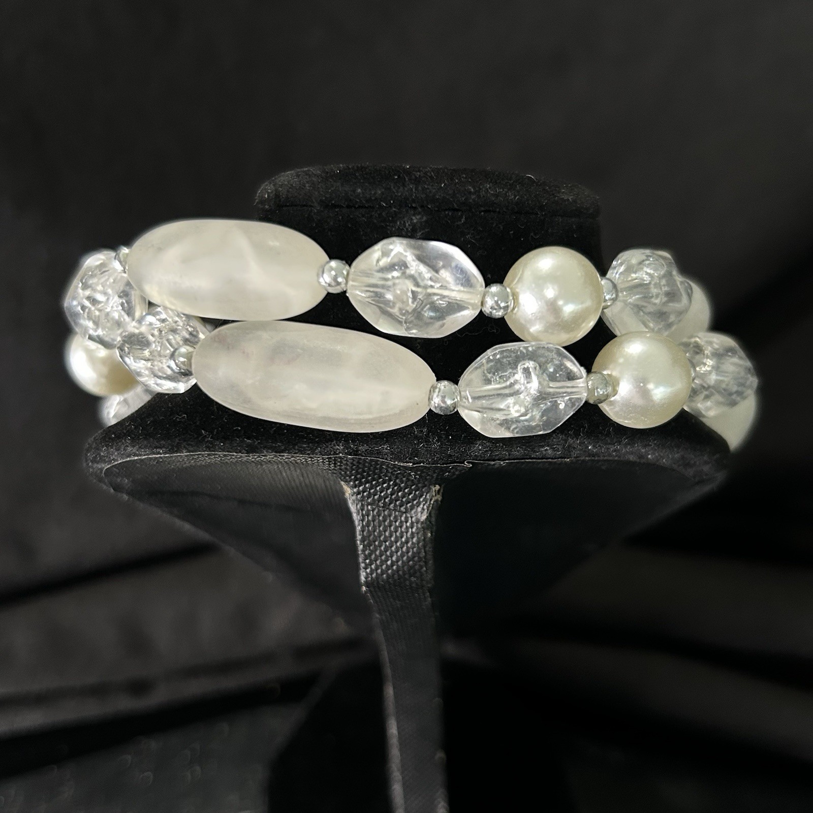 Vintage Baroque Strung Pearl Beaded Necklace with Elongated Clear Acrylic 22”