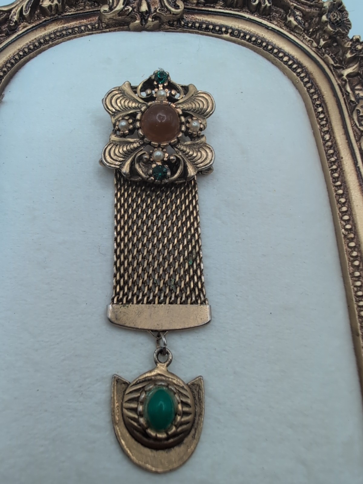 Victorian Mesh Dangle Style Brooch Ornate With Rhinestone Faux Pearls Gold Tone