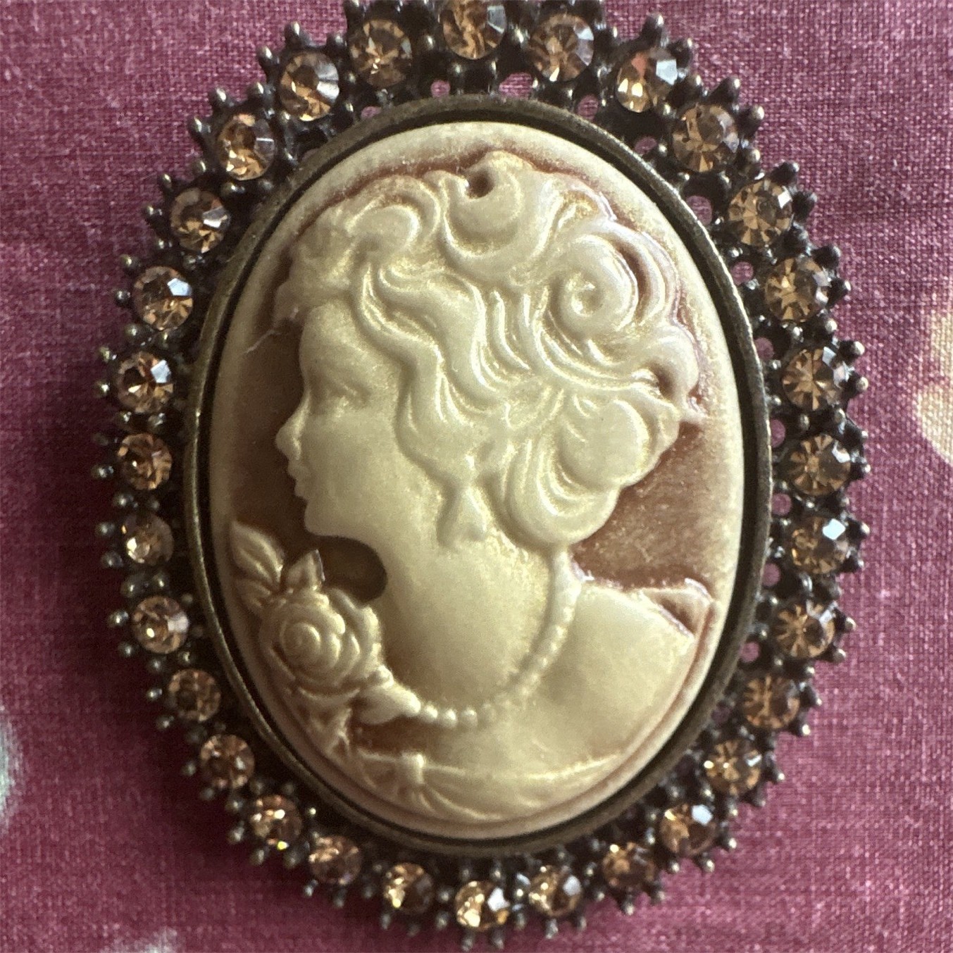 Oval Cameo Portrait Brooch Pin, Rhinestone Halo Border, Silver Brown