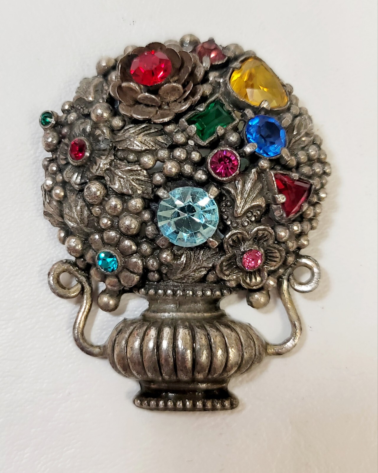 Vintage Large Estate French Rhinestone Flower Bouquet Silver Tone Urn Brooch