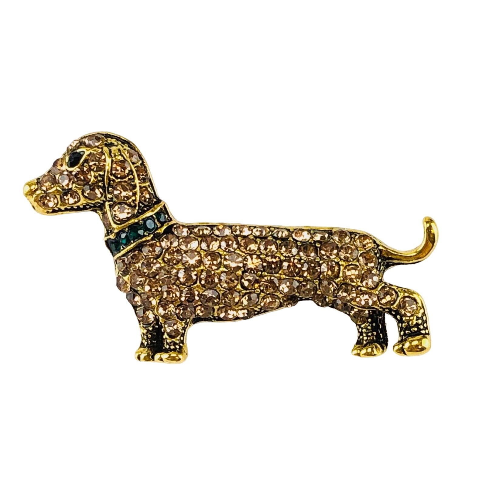 Brooch Dachshund Wiener Dog Golden Brown Crystals on Gold Tone