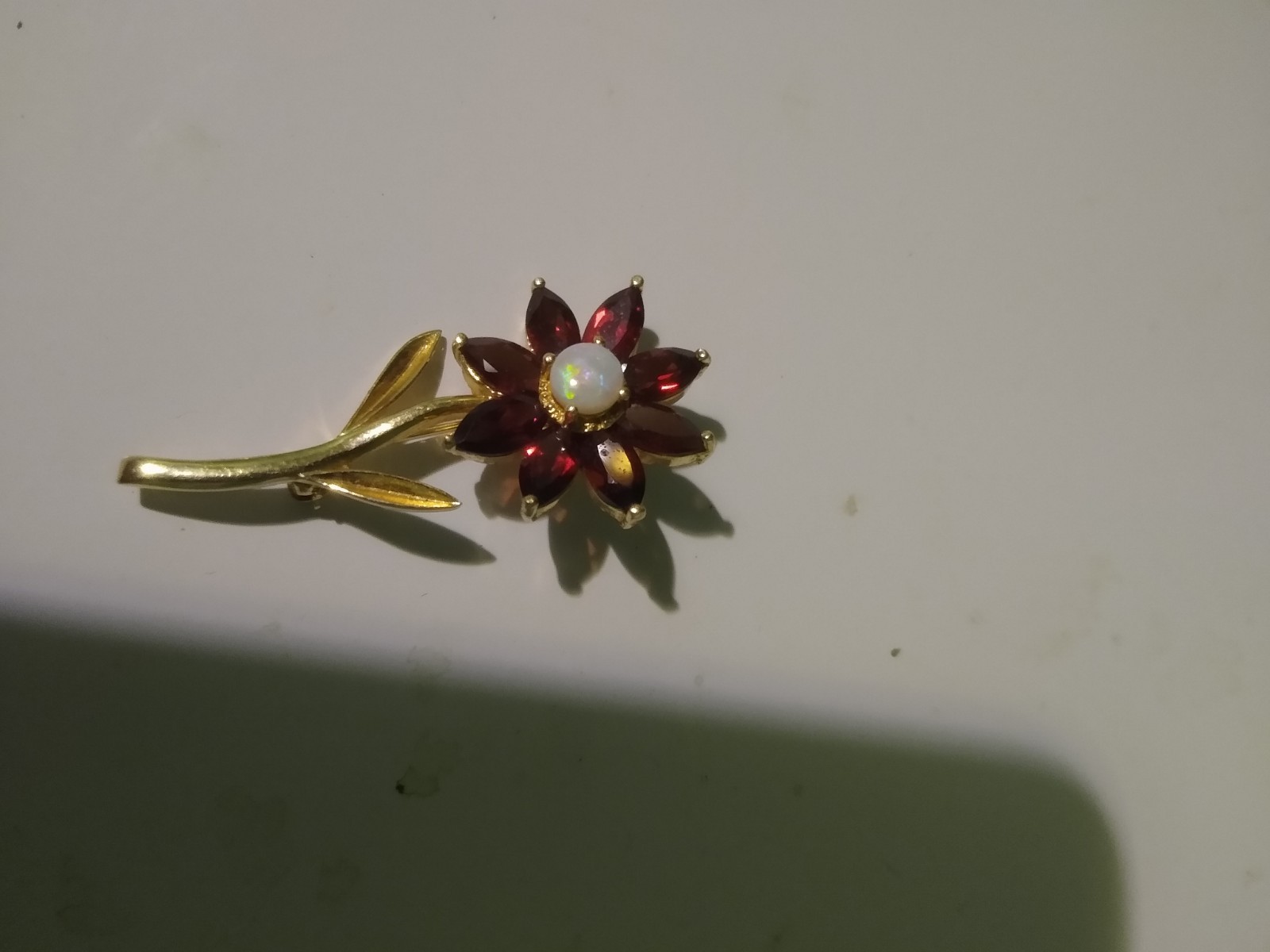 OPAL AND GARNET 14K YELLOW GOLD FLOWER PIN BROOCH